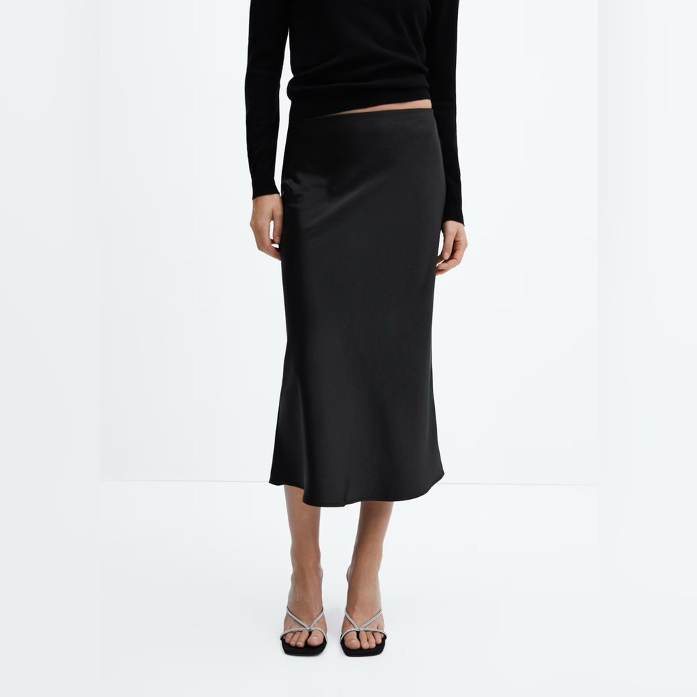 Mango Midi Satin Skirt in Black
